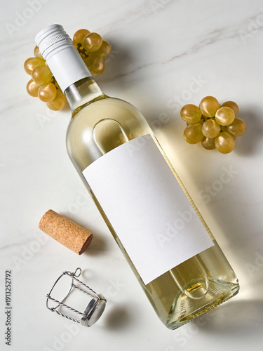 White Wine Bottle Label Mockup on White Marble Background