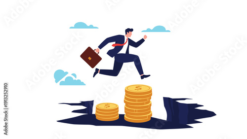 Businessman with a briefcase jumping over a deep crack in the ground towards stacks of gold coins, representing overcoming risks.
