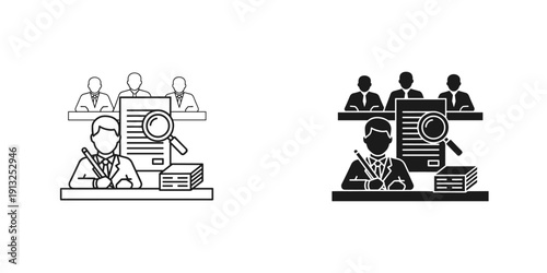 Flat design illustration of a professional team reviewing charts and reports on a laptop with a magnifying glass, depicting teamwork and data analysis in a bright, modern workspace.