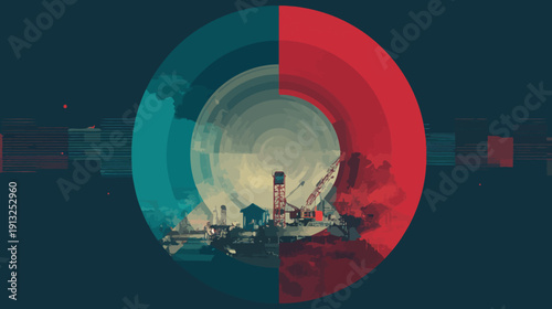 A geometric cityscape is split in two by a circle, featuring construction elements and a dark sky