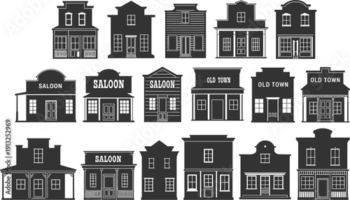 Wild West Saloon and Old Town Building Facade Silhouette Collection Isolated on White Background Vintage Western Architecture Vector Set