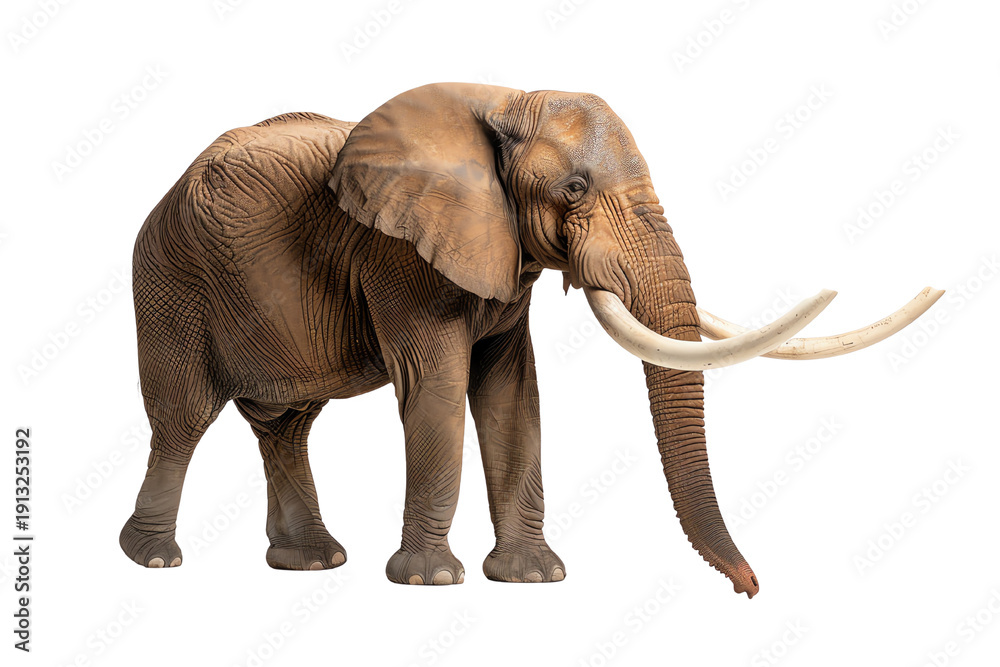 Fototapeta premium Realistic elephant stands majestically, showcasing its size and unique features against a white background.