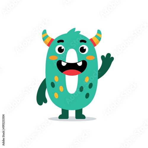 Friendly green cartoon monster character with horns and spots.