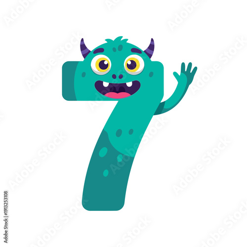 Cartoon green monster character forming the number seven.