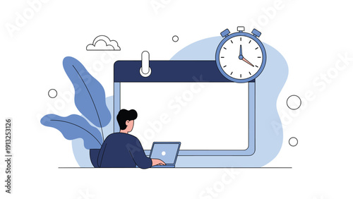 Professional person sitting at a laptop in front of a giant calendar and stopwatch, representing time management and deadlines.
