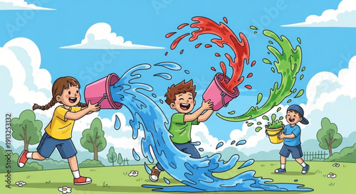 Children playing with colorful water buckets on a sunny day in a park with green grass and blue sky