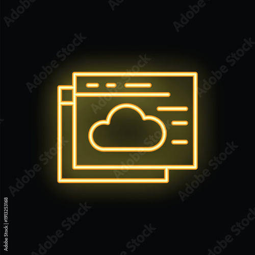 Bright yellow neon icon of a cloud computing web hosting service is glowing on a black background