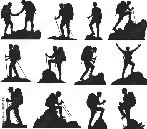 Hiking and climbing silhouettes set of backpacker adventurers reaching mountain summit, outdoor trekking vector illustration collection for travel branding projects