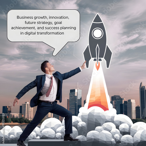 Businessman launching startup rocket icon toward target, representing business growth, innovation, future strategy, goal achievement, and success in digital transformation.