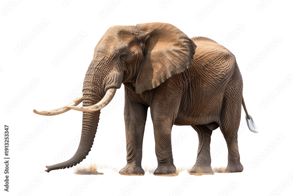 Fototapeta premium Elephant standing gracefully on a white isolated background, showcasing its magnificent tusks and textured skin.