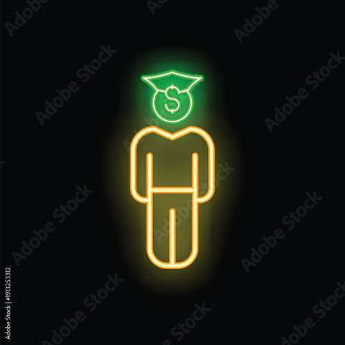 Glowing neon icon of a person with a dollar sign for a head and a graduation cap, representing the cost of tuition