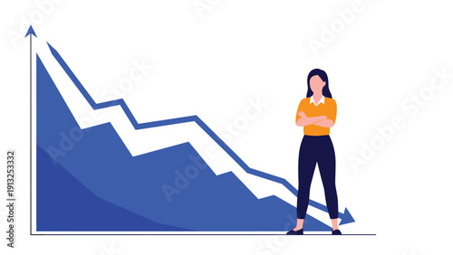 Confident woman standing with arms crossed next to a large blue downward trending graph, representing crisis management.