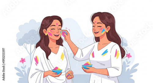 Two women applying colorful holi powder to each other's faces in a playful outdoor setting with flowers