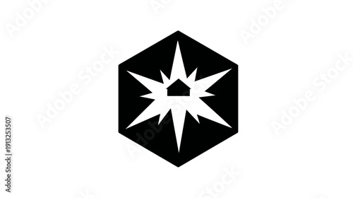 A geometric, monochromatic composition featuring a house within a starburst design, all within a diamond shape