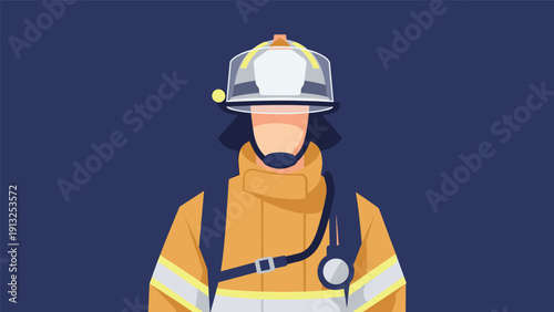 Portrait of a brave firefighter in full protective yellow gear and helmet with a flashlight, ready for emergency rescue.