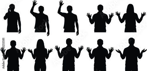 People Raising Hands and Gesturing Silhouettes Set, Male and Female Figures with Different Hand Expressions Black Vector Illustration Isolated on White