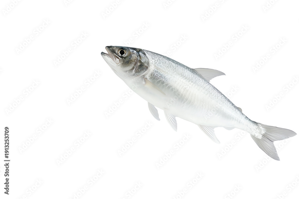 Fototapeta premium Fresh silver fish on a white background, showcasing its sleek body and natural shine, perfect for culinary visuals.