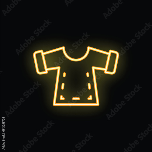 Yellow neon icon of a t shirt glowing on a dark background