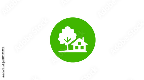 A white house and tree are contained within a green circle, set on a white background
