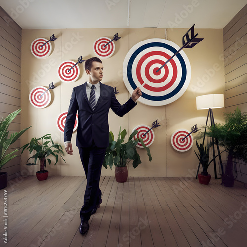 Businessman launching startup rocket icon toward target, representing business growth, innovation, future strategy, goal achievement, and success in digital transformation.