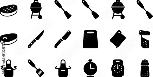 Collection of simple black and white icons representing barbecue and cooking tools