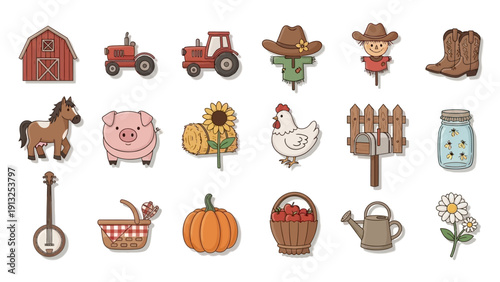 A charming collection of cute farm and country life elements in cartoon style.