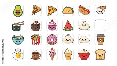 Kawaii food collection icons with happy faces