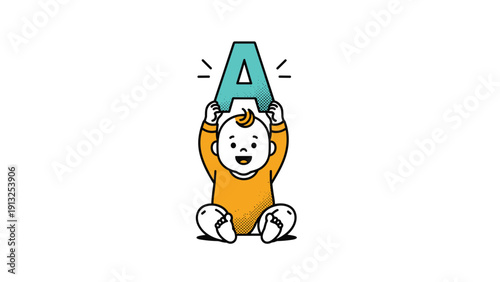 Cute baby sitting down and holding up a large blue letter A symbolizing early childhood education and learning the alphabet in a fun way.