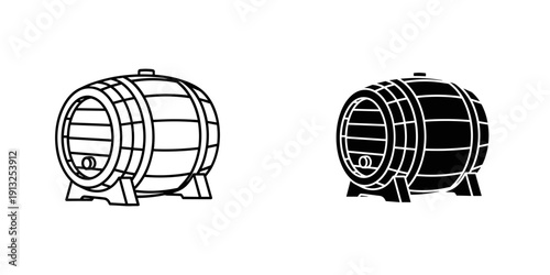High-quality black and white line drawing of a classic wooden barrel with metal hoops, ideal for vintage, storage, or brewing design projects.