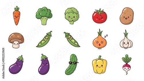 Collection of cute cartoon vegetables with faces.