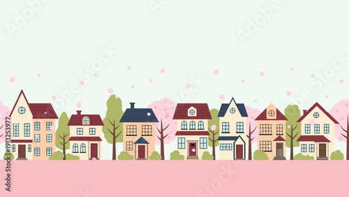Beautiful row of different colorful houses with pink cherry blossom petals falling against a light green background for spring.