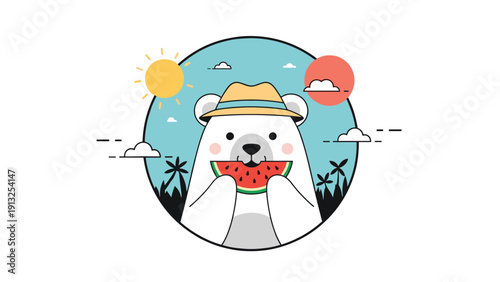Cute white polar bear wearing a straw hat and eating a slice of watermelon on a tropical summer beach background.