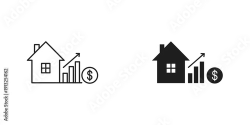 Minimalist black and white illustration of a house with upward trending bar chart and dollar sign symbolizing real estate investment growth and financial success.