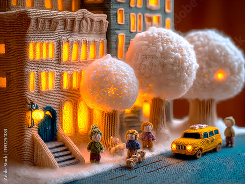 A miniature town made entirely of knitted materials. Small houses with yellow windows, trees, a yellow taxi, and knitted dolls of people and a dog waiting for a taxi on a snowy street.