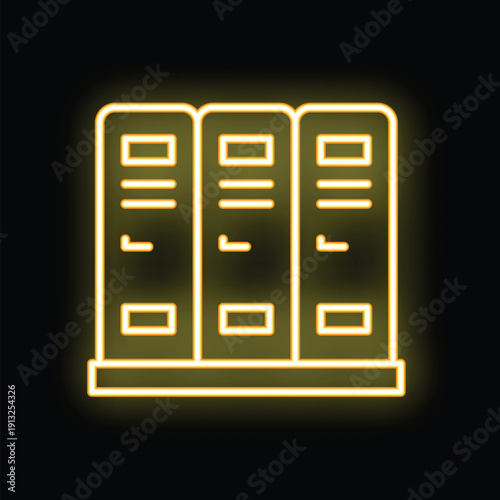 Neon yellow icon of lockers glowing on black background, concept of school, gym or office life