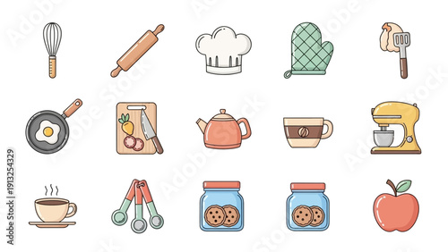 Collection of cartoon kitchen utensils and food items
