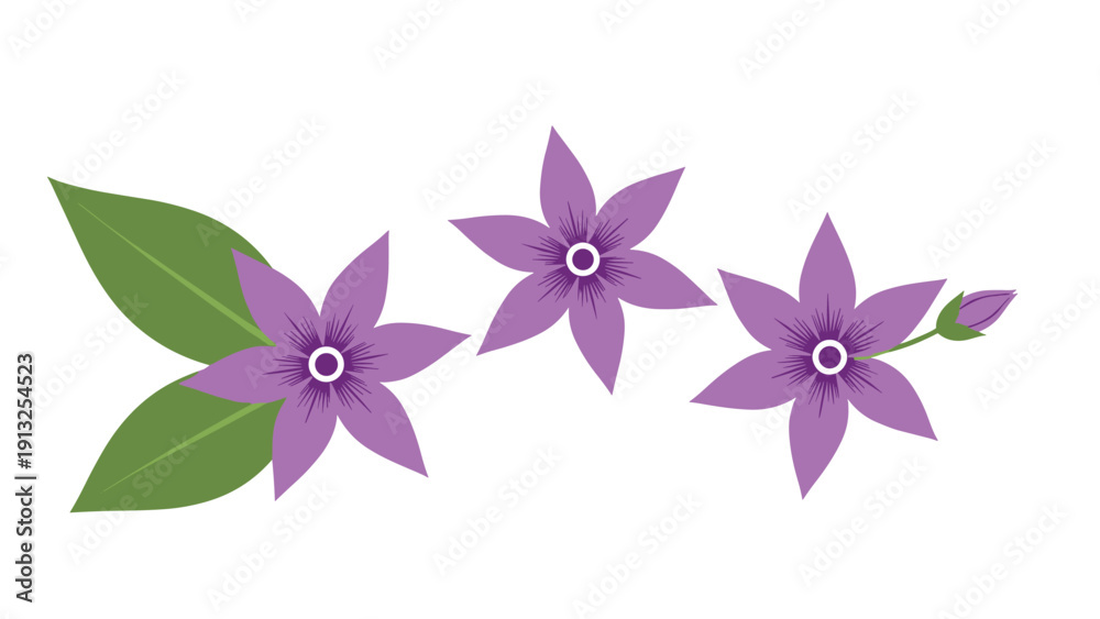 Obraz premium Simple and elegant illustration of three purple five-petaled flowers with green leaves and a small bud on a plain white background.