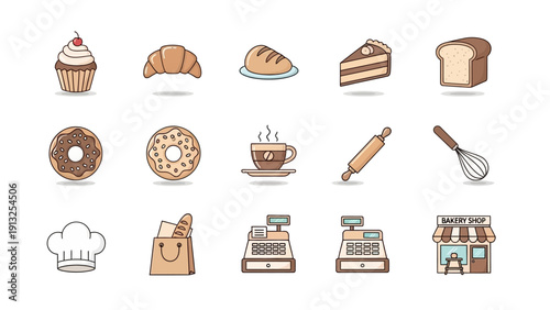 Bakery shop items and baking tools icon set for food and beverage design.