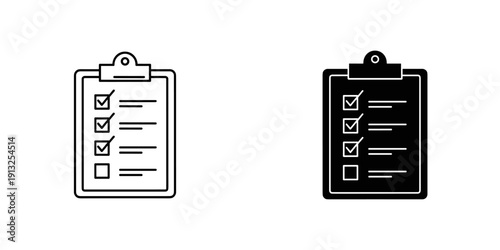 Minimalist black and white clipboard icons with checklists, ideal for productivity, task management, and business workflow designs in flat style.