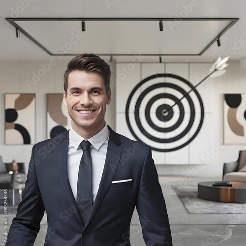 Businessman launching startup rocket icon toward target, representing business growth, innovation, future strategy, goal achievement, and success in digital transformation.