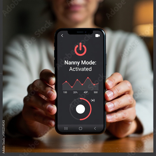 Nanny Mode Activated Phone Graphic. Childcare help is on the way with a woman holding her cell phone.