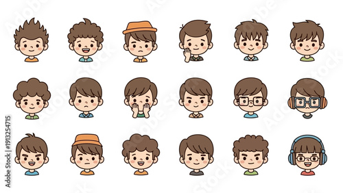 Collection of diverse cartoon boy avatars with various expressions and styles.