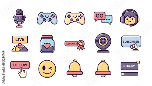 Collection of vibrant icons for video game streaming and online content creation.
