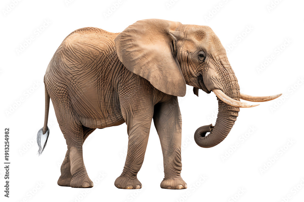 Obraz premium A majestic elephant standing proudly with its trunk raised, showcasing its powerful presence and intricate skin texture.
