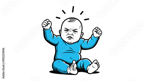 Hilarious illustration of a grumpy and angry baby sitting with clenched fists expressing strong dissatisfaction or protest.
