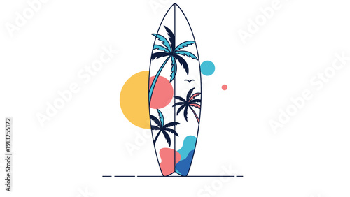 Stylish white surfboard featuring a tropical design with palm trees and colorful shapes against a white background.