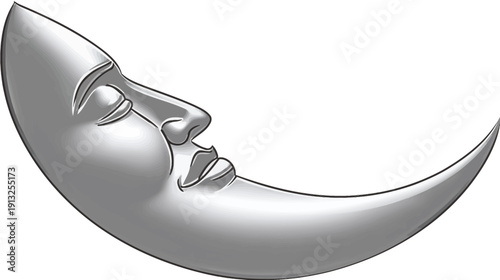 A crescent moon with a stylized face in grayscale. It's white background