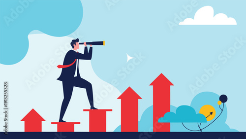 Visionary businessman standing on a rising bar chart and looking through a telescope towards the bright future in the sky.