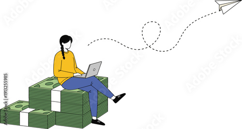 Female Freelancer Sitting on Stack of Money Using Laptop with Paper Airplane Path Concept Flat Vector Illustration for Online Income, Investment, Financial Growth, and Remote Work
