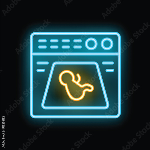 Neon ultrasound machine showing fetus silhouette icon on black background